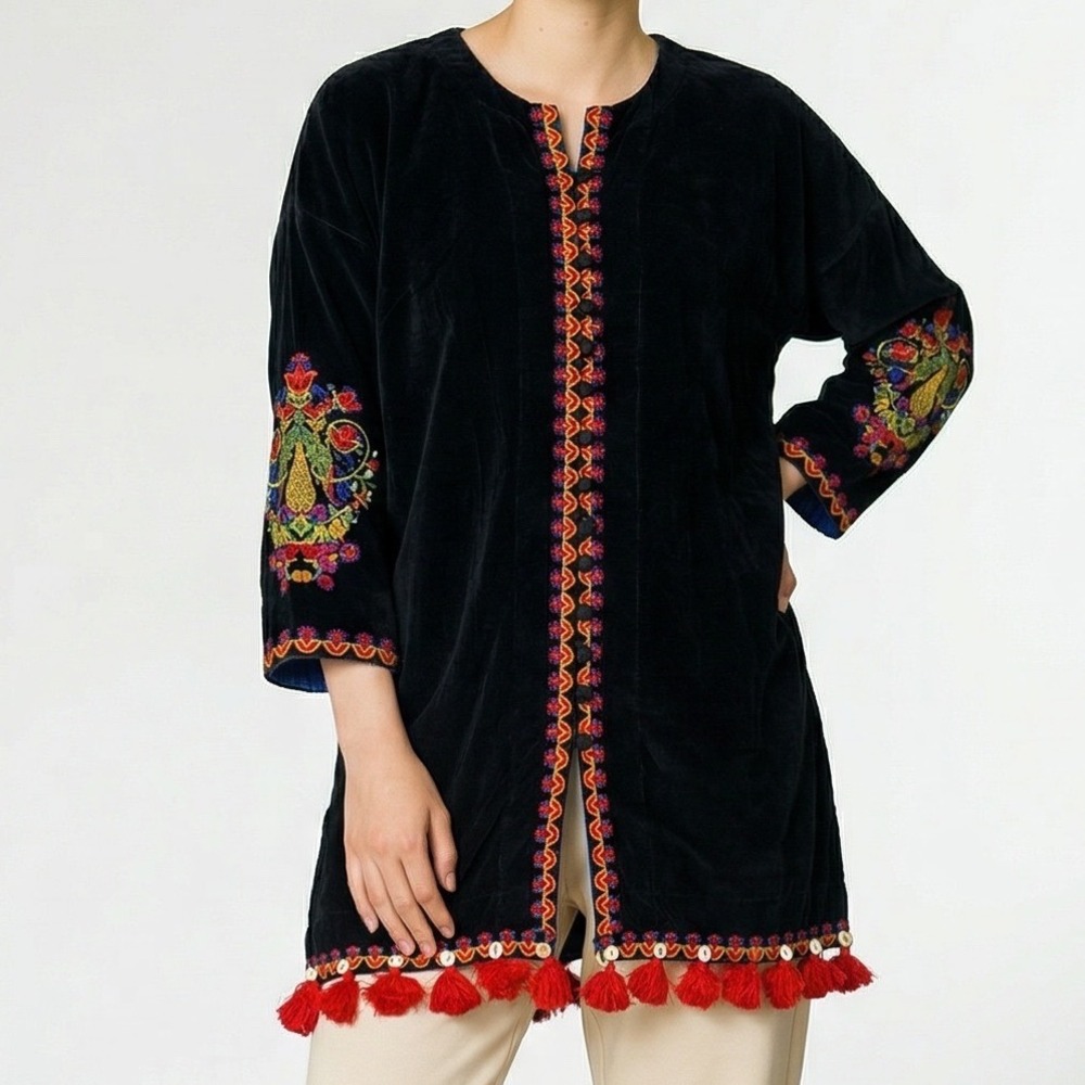 Khaadi Black Corduroy Embroidered Tassel Kurta Tunic Top 6 Floral artisan Folk
